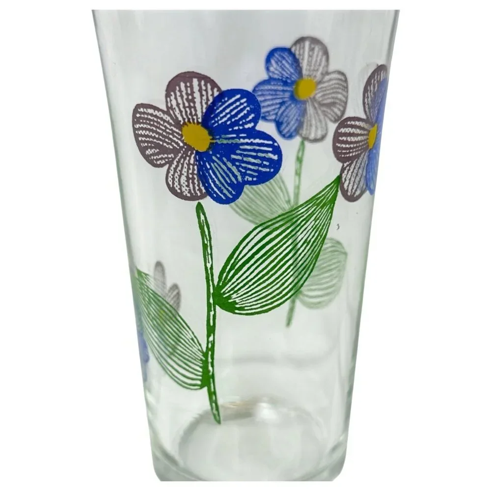 Set Of 2 Floral Glass Tumblers Blue & Purple Flowers Beverage Drinking MCM Clear